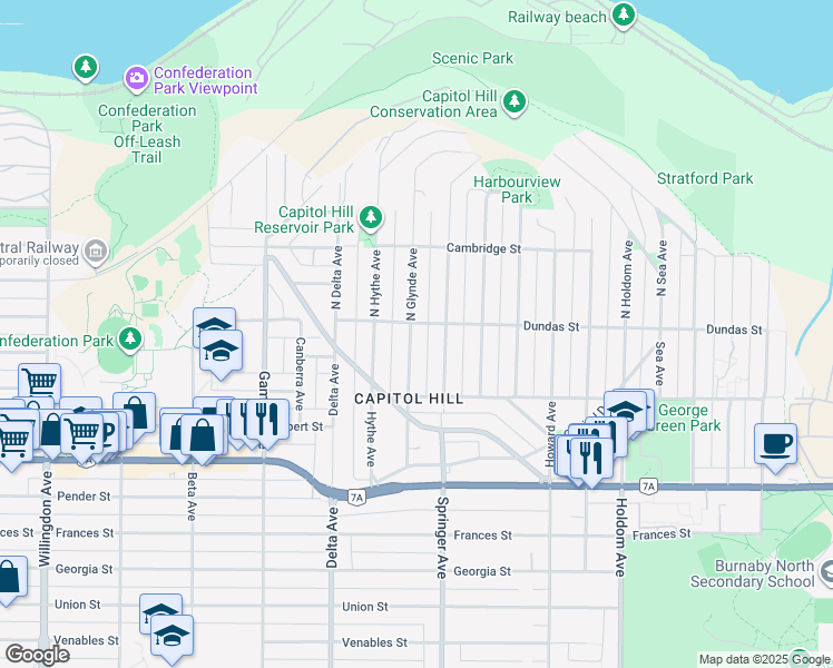 map of restaurants, bars, coffee shops, grocery stores, and more near 18 Glynde Avenue in Burnaby