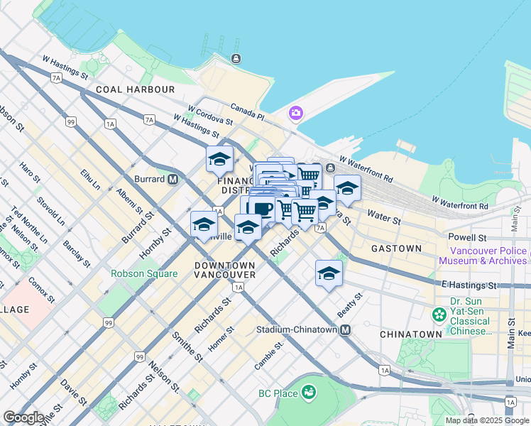 map of restaurants, bars, coffee shops, grocery stores, and more near 525 Seymour Street in Vancouver