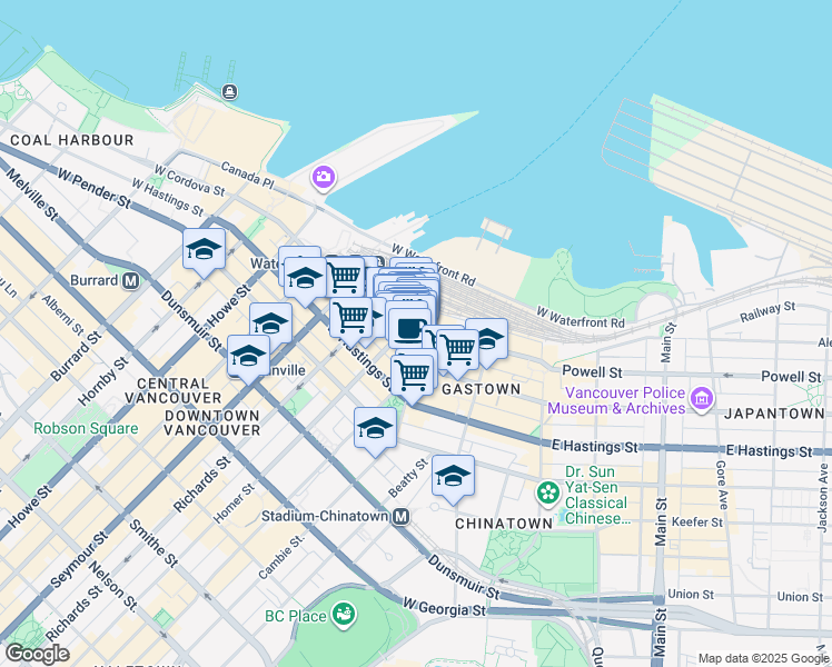 map of restaurants, bars, coffee shops, grocery stores, and more near 415 West Cordova Street in Vancouver