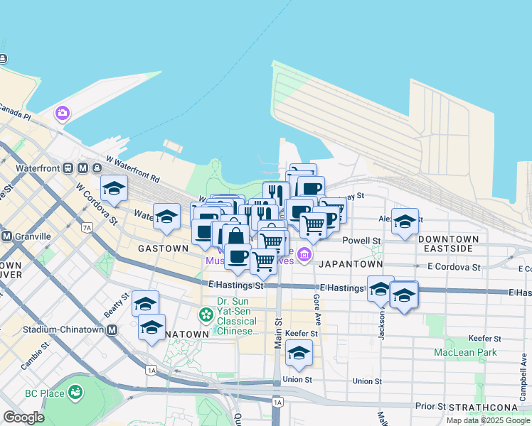map of restaurants, bars, coffee shops, grocery stores, and more near 141 Alexander Street in Vancouver