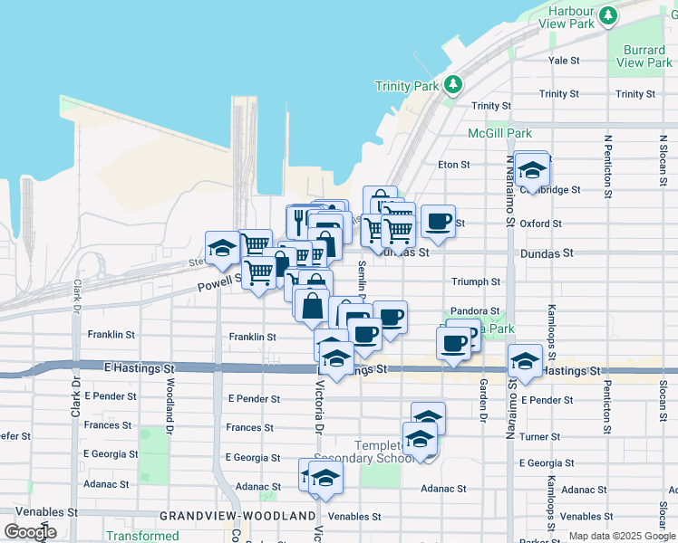 map of restaurants, bars, coffee shops, grocery stores, and more near in Vancouver