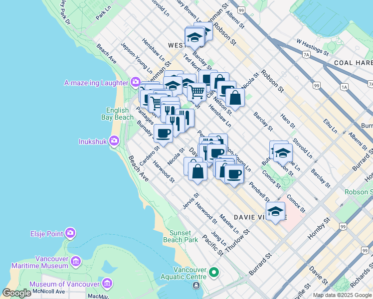 map of restaurants, bars, coffee shops, grocery stores, and more near 1228 Nicola Street in Vancouver