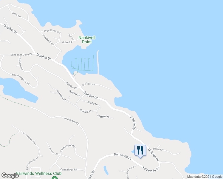 map of restaurants, bars, coffee shops, grocery stores, and more near 3600 Outrigger Road in Nanoose Bay
