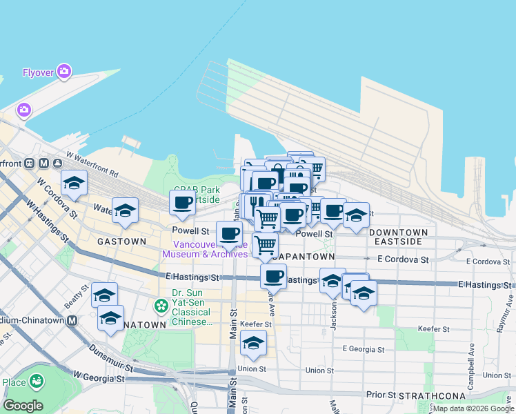 map of restaurants, bars, coffee shops, grocery stores, and more near 289 Alexander Street in Vancouver