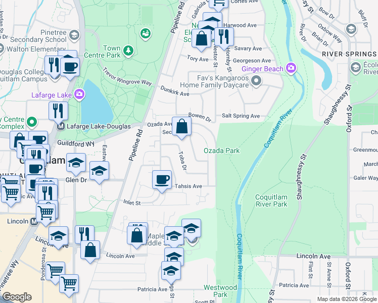 map of restaurants, bars, coffee shops, grocery stores, and more near 1184 Shelter Crescent in Coquitlam