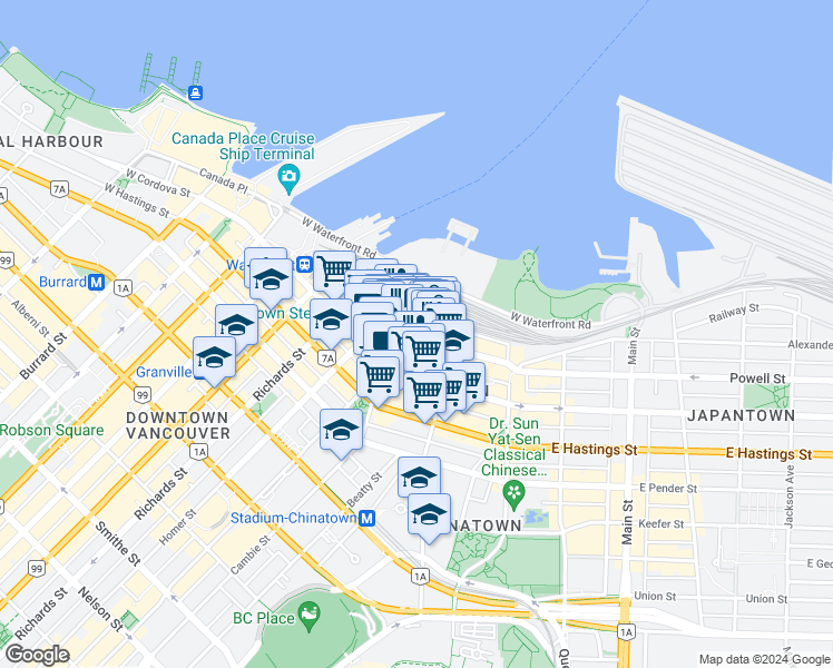 map of restaurants, bars, coffee shops, grocery stores, and more near 141 Water Street in Vancouver