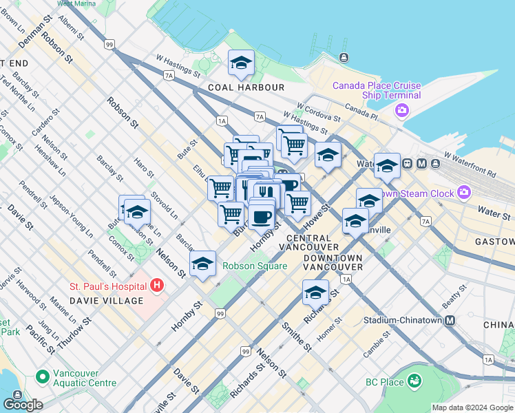 map of restaurants, bars, coffee shops, grocery stores, and more near 721 Burrard Street in Vancouver