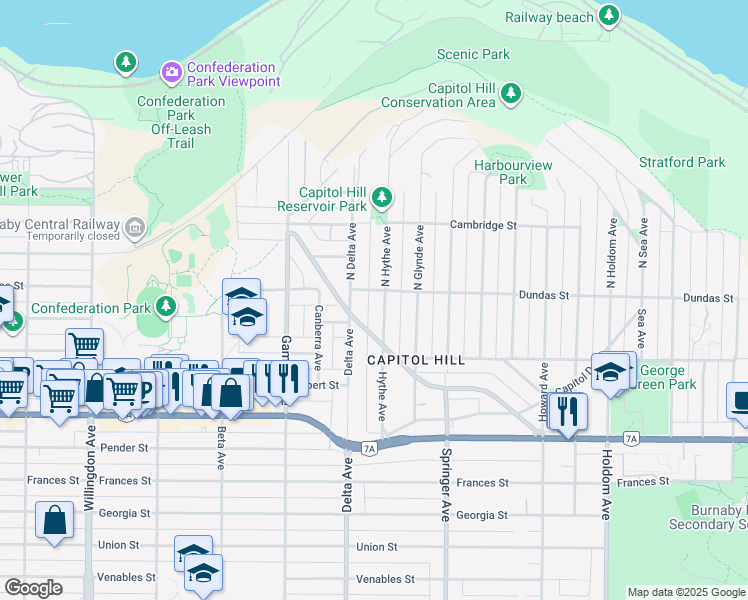 map of restaurants, bars, coffee shops, grocery stores, and more near 11 Hythe Avenue in Burnaby