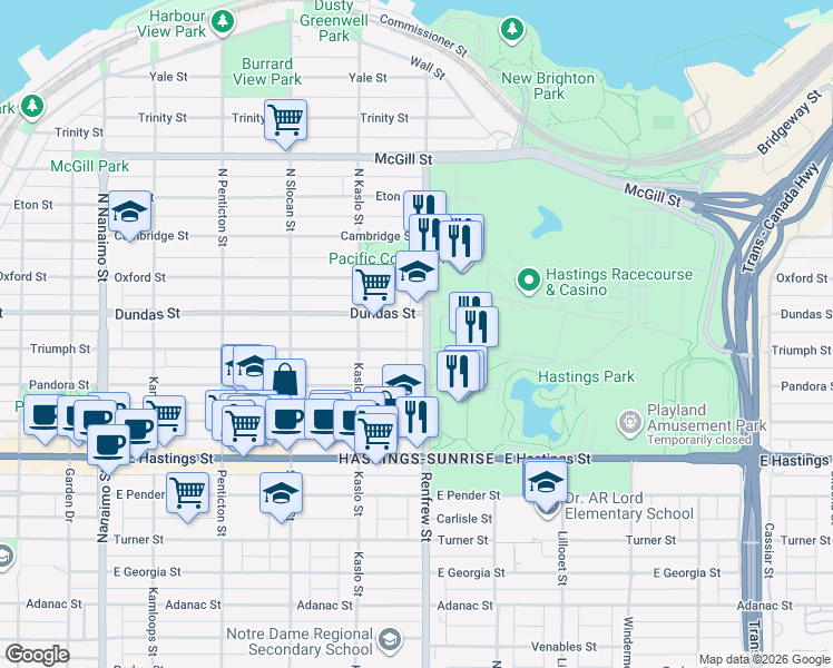 map of restaurants, bars, coffee shops, grocery stores, and more near 45 Renfrew Street in Vancouver