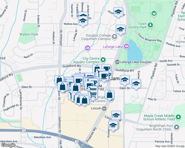map of restaurants, bars, coffee shops, grocery stores, and more near 2978 Burlington Drive in Coquitlam