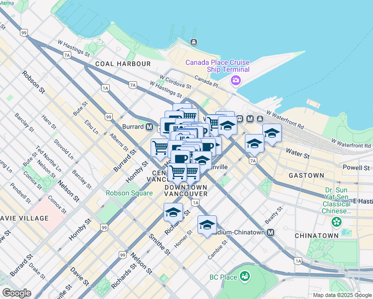 map of restaurants, bars, coffee shops, grocery stores, and more near 502 Howe Street in Vancouver