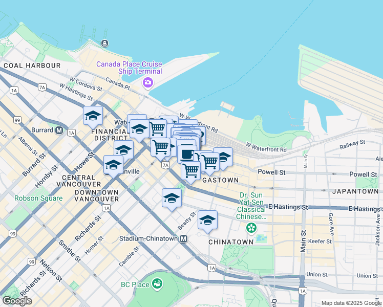 map of restaurants, bars, coffee shops, grocery stores, and more near 306 Water Street in Vancouver