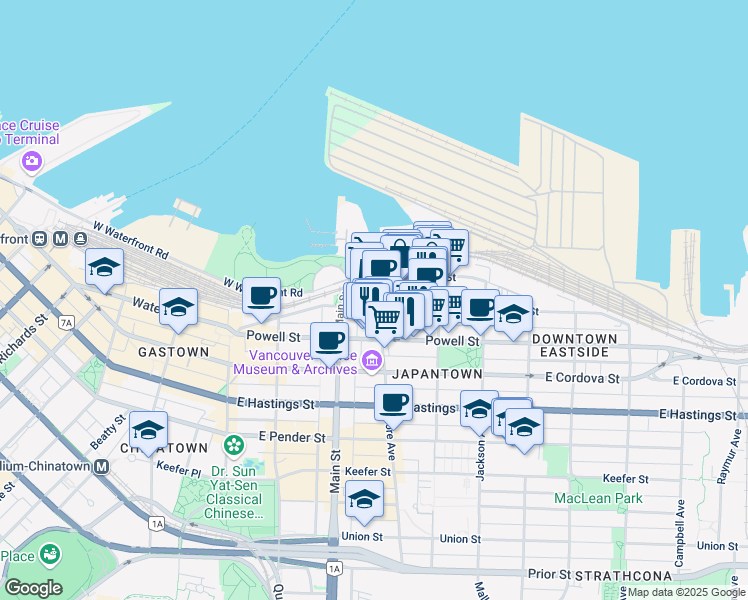 map of restaurants, bars, coffee shops, grocery stores, and more near 299 Alexander Street in Vancouver