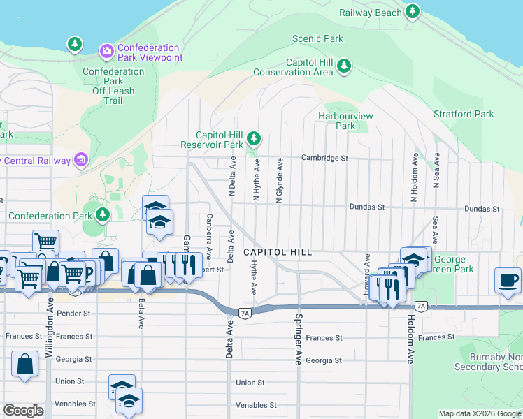 map of restaurants, bars, coffee shops, grocery stores, and more near 10 Hythe Avenue in Burnaby