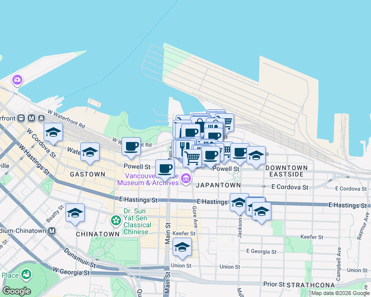 map of restaurants, bars, coffee shops, grocery stores, and more near 289 Alexander Street in Vancouver