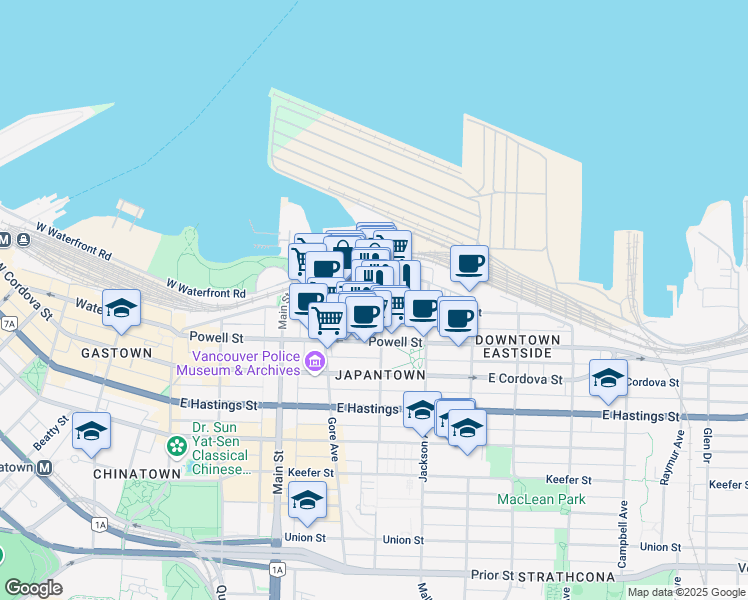 map of restaurants, bars, coffee shops, grocery stores, and more near in Vancouver