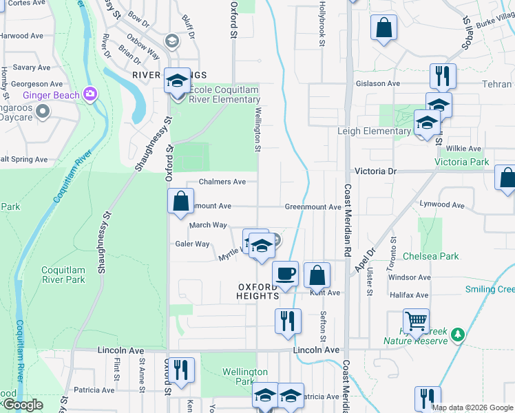 map of restaurants, bars, coffee shops, grocery stores, and more near Greenmount Avenue in Port Coquitlam
