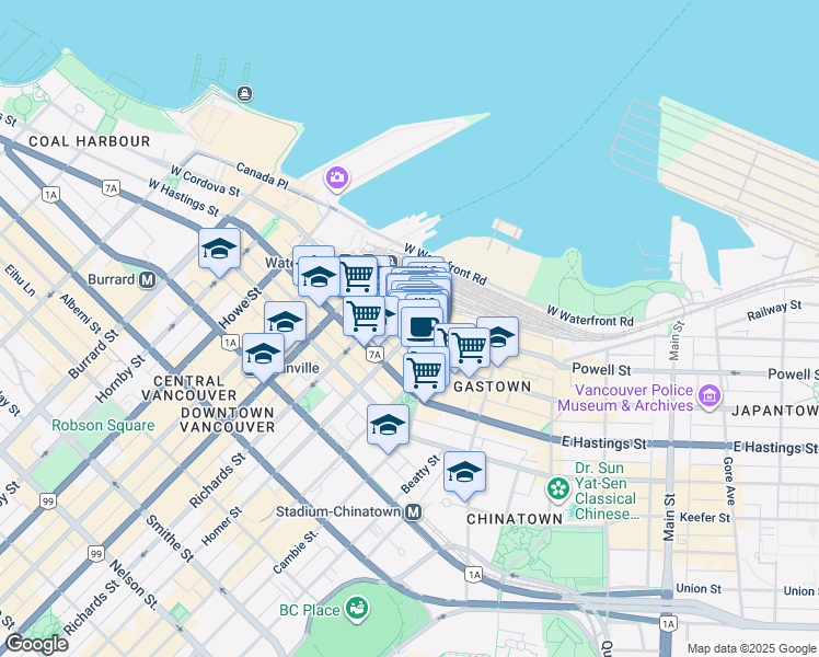 map of restaurants, bars, coffee shops, grocery stores, and more near 415 West Cordova Street in Vancouver
