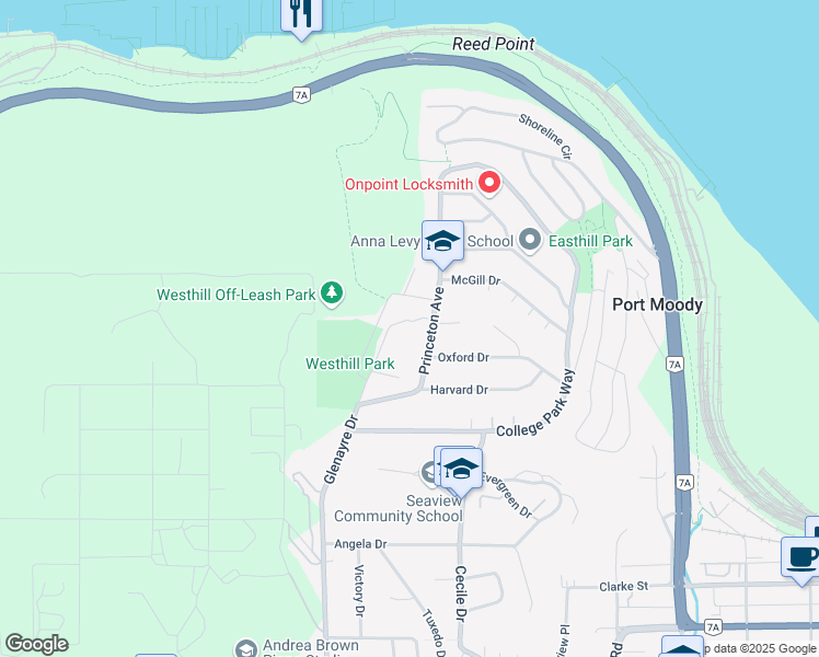 map of restaurants, bars, coffee shops, grocery stores, and more near in Port Moody