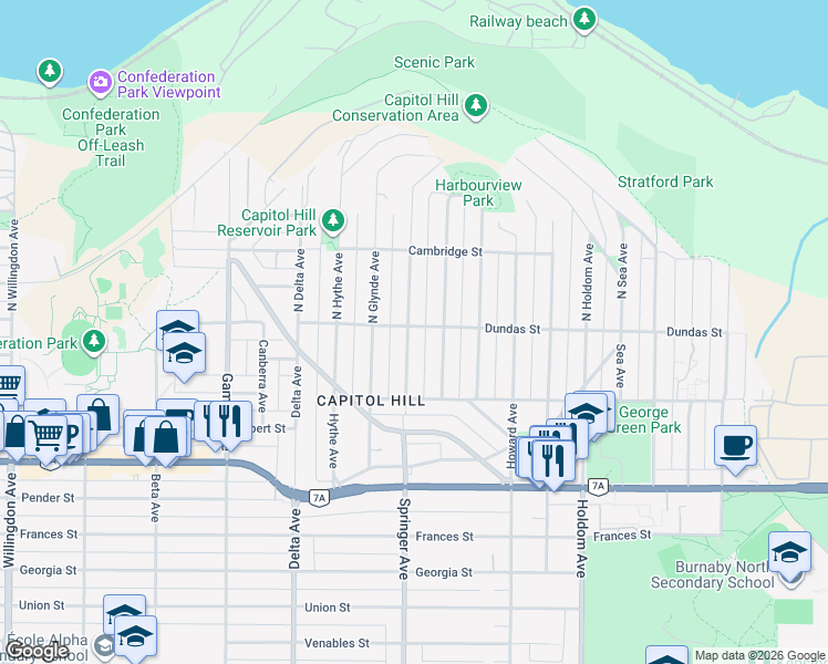 map of restaurants, bars, coffee shops, grocery stores, and more near in Burnaby