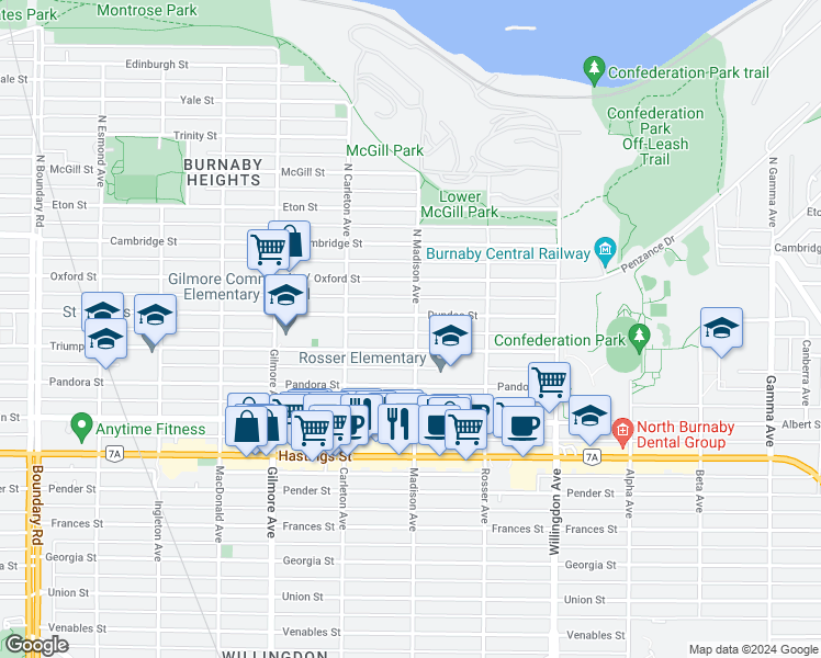 map of restaurants, bars, coffee shops, grocery stores, and more near 4267 Triumph Street in Burnaby