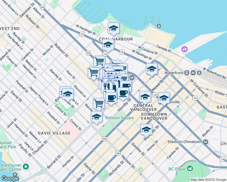 map of restaurants, bars, coffee shops, grocery stores, and more near in Vancouver