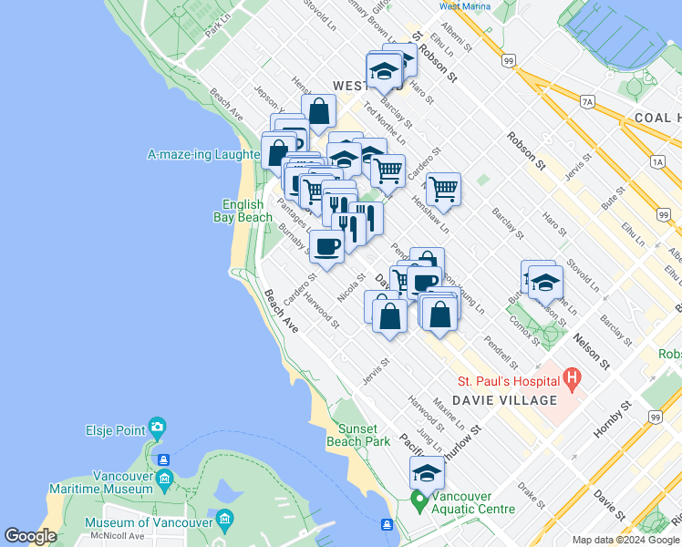 map of restaurants, bars, coffee shops, grocery stores, and more near in Vancouver