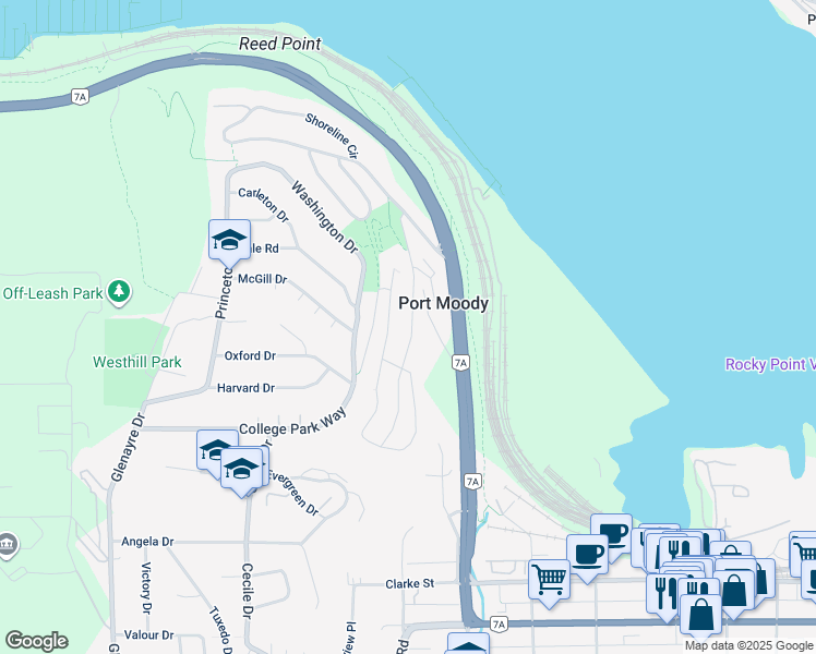 map of restaurants, bars, coffee shops, grocery stores, and more near 423 Cambridge Way in Port Moody