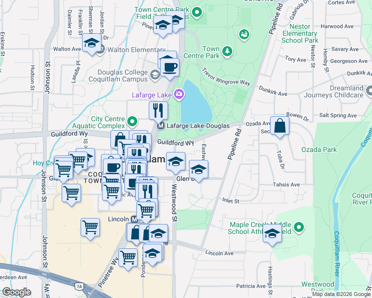 map of restaurants, bars, coffee shops, grocery stores, and more near 3070 Guildford Way in Coquitlam