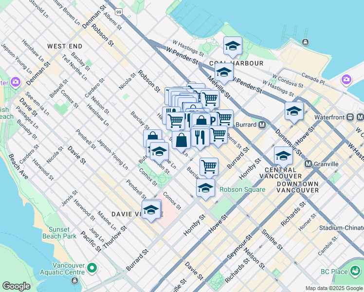 map of restaurants, bars, coffee shops, grocery stores, and more near 1132 Haro Street in Vancouver