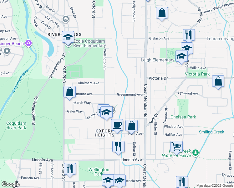 map of restaurants, bars, coffee shops, grocery stores, and more near 3356 Liverpool Street in Port Coquitlam