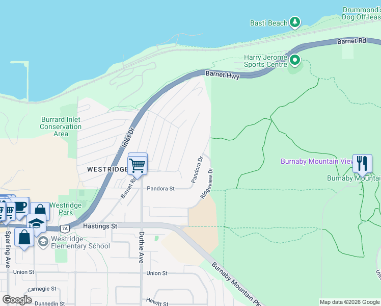 map of restaurants, bars, coffee shops, grocery stores, and more near 7451 Pandora Drive in Burnaby