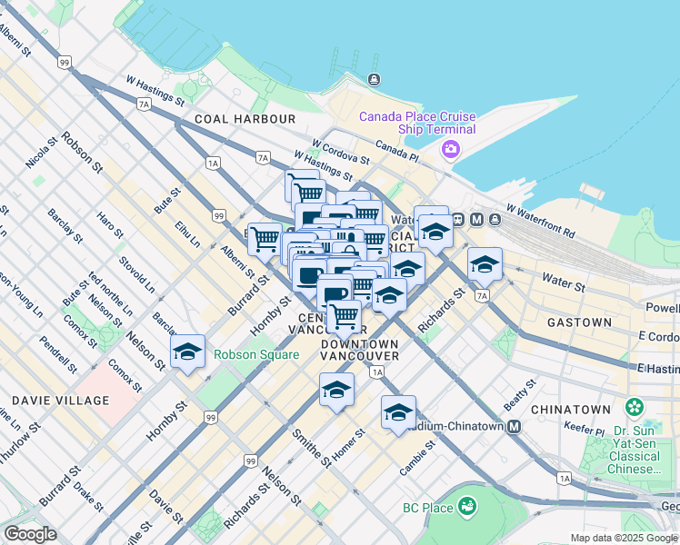 map of restaurants, bars, coffee shops, grocery stores, and more near 777 West Georgia Street in Vancouver