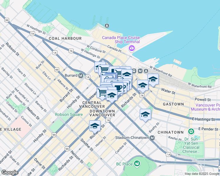 map of restaurants, bars, coffee shops, grocery stores, and more near 700 West Pender Street in Vancouver