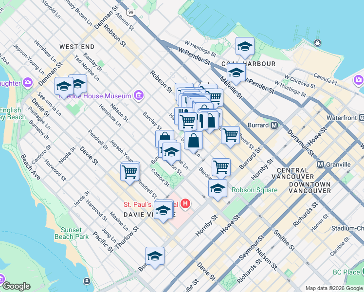map of restaurants, bars, coffee shops, grocery stores, and more near 1135 Barclay Street in Vancouver