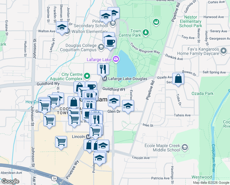 map of restaurants, bars, coffee shops, grocery stores, and more near 1199 Westwood Street in Coquitlam