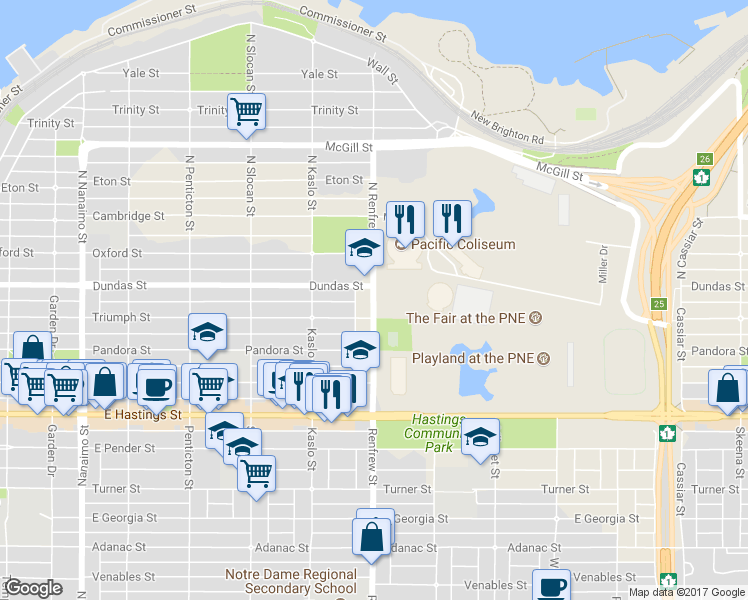 map of restaurants, bars, coffee shops, grocery stores, and more near 45 Renfrew Street in Vancouver