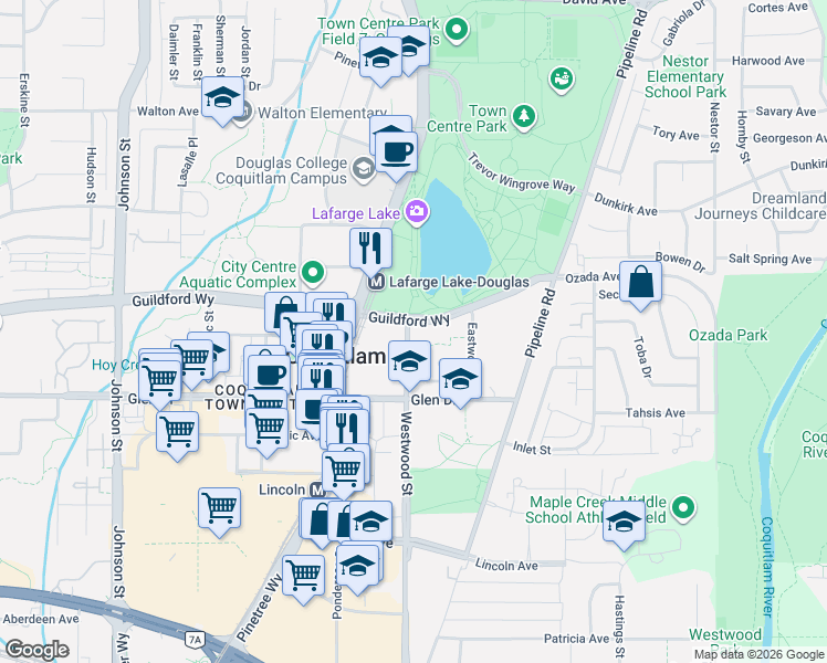 map of restaurants, bars, coffee shops, grocery stores, and more near 1199 Westwood Street in Coquitlam