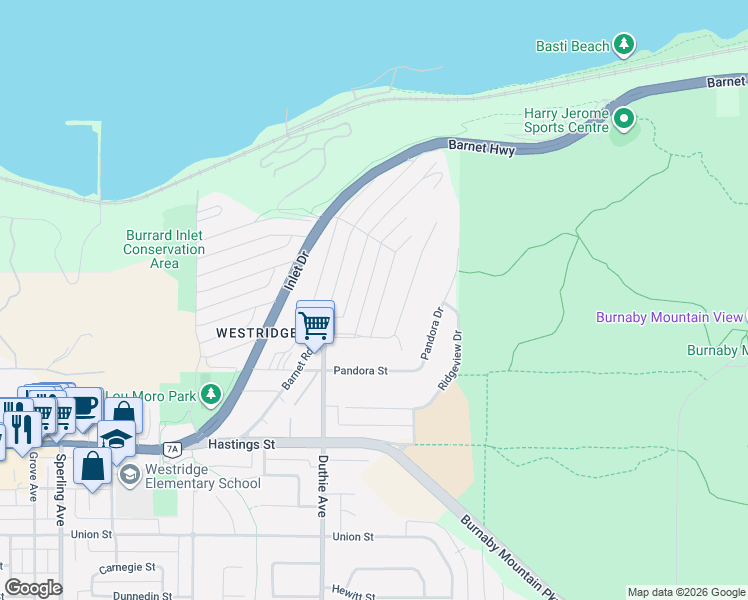 map of restaurants, bars, coffee shops, grocery stores, and more near 7238 Braeside Drive in Burnaby