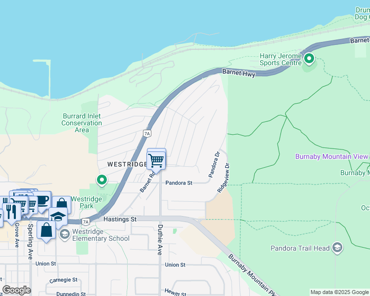 map of restaurants, bars, coffee shops, grocery stores, and more near 7238 Braeside Drive in Burnaby