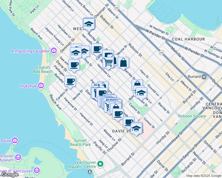 map of restaurants, bars, coffee shops, grocery stores, and more near 1350 Comox Street in Vancouver
