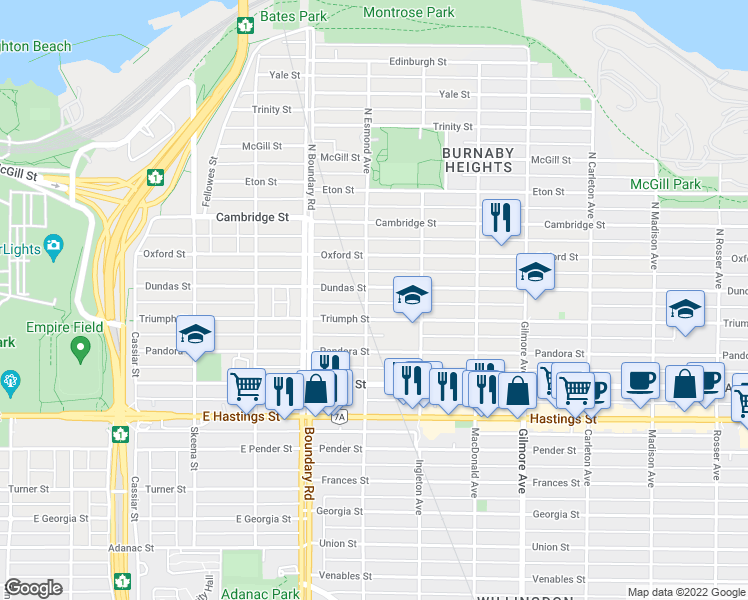 map of restaurants, bars, coffee shops, grocery stores, and more near 40 Esmond Avenue in Burnaby