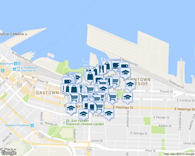 map of restaurants, bars, coffee shops, grocery stores, and more near in Vancouver