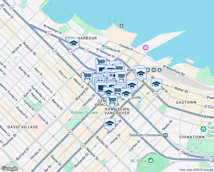 map of restaurants, bars, coffee shops, grocery stores, and more near 622 Hornby Street in Vancouver