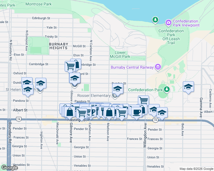 map of restaurants, bars, coffee shops, grocery stores, and more near 4296 Dundas Street in Burnaby