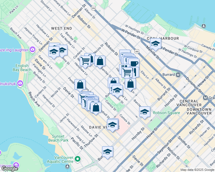 map of restaurants, bars, coffee shops, grocery stores, and more near 1235 Nelson Street in Vancouver