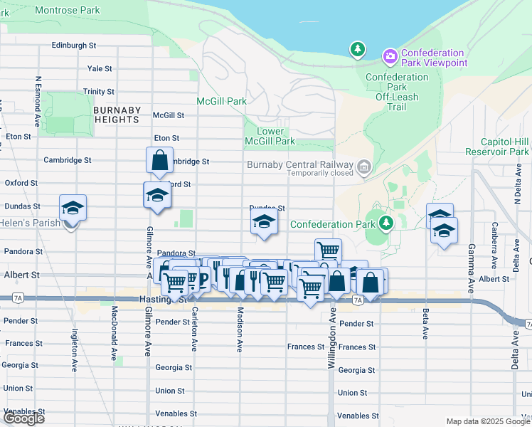 map of restaurants, bars, coffee shops, grocery stores, and more near 4346 Dundas Street in Burnaby