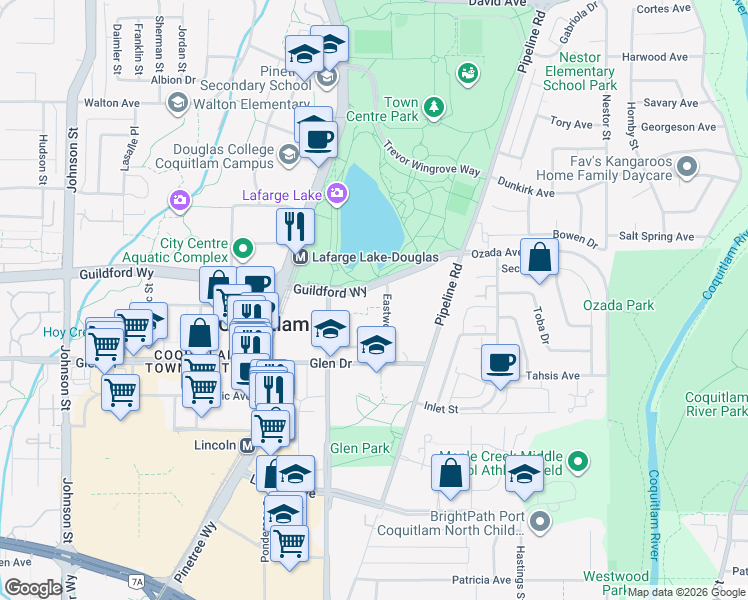 map of restaurants, bars, coffee shops, grocery stores, and more near 1200 Eastwood Street in Coquitlam