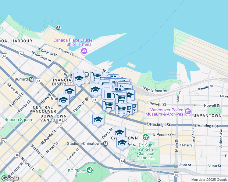 map of restaurants, bars, coffee shops, grocery stores, and more near 201 Water Street in Vancouver