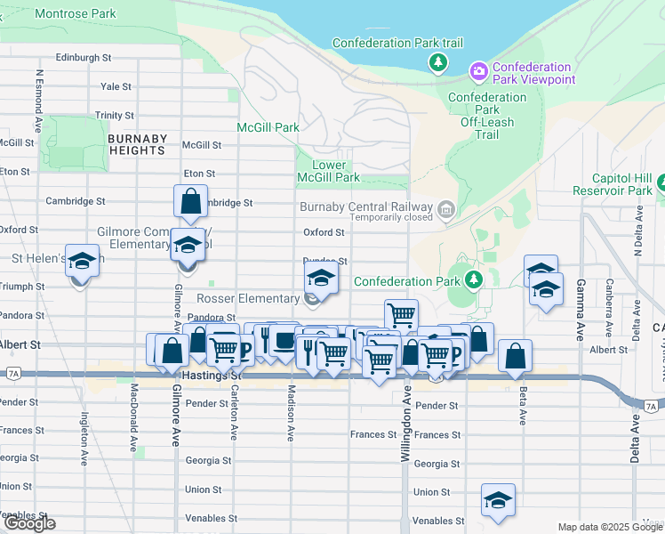 map of restaurants, bars, coffee shops, grocery stores, and more near 4368 Dundas Street in Burnaby